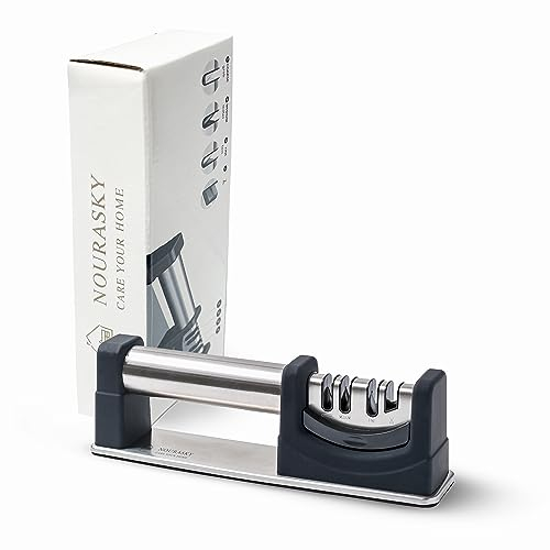 Noura Sky Knife Sharpener 4 in 1 | Kitchen Knives & Scissors | Professional 3 Stages Manual Knife Sharpening | Non-Slip Base (Black Color).