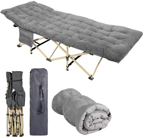 REDCAMP Folding Camping Beds for adults, Heavy Duty Sturdy Camp Bed with Thick and Soft Mattress, Stronge Thicker Tubes Sleeping Bed Outdoor Travel Office, Grey with Thicker Pad