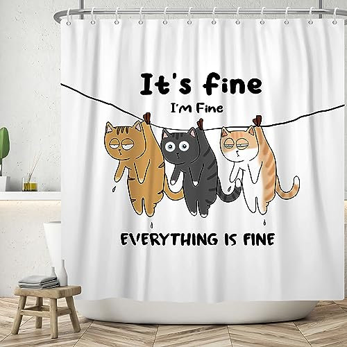 ASDCXZ Funny Shower Curtain 180x180 cm, Modern Simplicity Cute THREE Funny Cat White Bath Washable Shower Curtains Polyester Textile Waterproof Bath Curtain for Bathtub with 12 Hooks