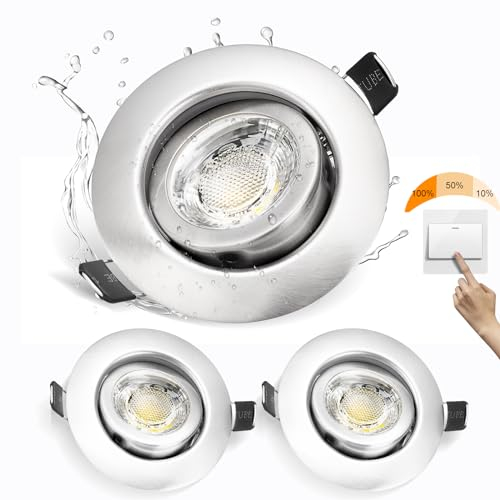 Karyoosi LED Einbaustrahler 230v, LED Spot 6500K Kaltweiß, Deckenleuchte 7W 600LM Ersetzt 70W Halogen Spot, 3 Stufen Dimmbar Einbauleuchten Flach, IP44 Deckenspots Schwenkbar, Gebürstetes Nickel, 3er