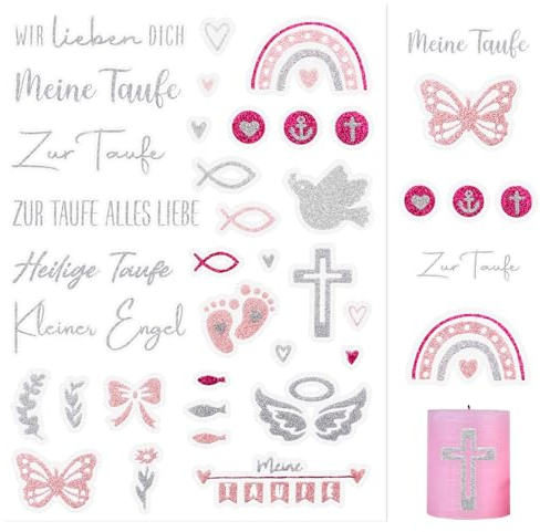 COLOFALLA 5 Bogen Taufe Sticker Taufe Aufkleber Glitzer Kommunion Aufkleber Kommunion Sticker Konfirmation Sticker Konfirmation Aufkleber Kerzentattoos Kommunion Pink Glitzer für Mädchen Kinder (Pink)