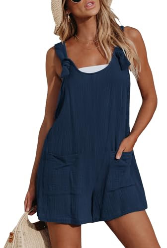 CUPSHE Damen Jumpsuit U-Ausschnitt Ärmellos Strampler Weites Bein Taschen Vorne Kurz Overall Sommer Strand Lose Hosenanzug Dunkelblau L