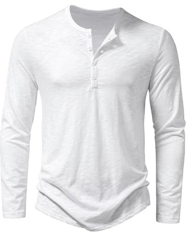 PARKLEES Men's Casual Front Placket Basic Long Sleeve Henley Shirt Muscle Workout Athletic Tee Tops, Long White, XL