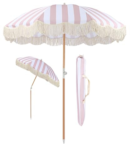 Ombrellone Da Giardino Vintage 2m, A Righe Rosa E Bianche, Ombrellone Da Tavolo Per Mercato All'aperto Con Nappe, Baldacchino Rotondo Inclinabile Per Ombrellone, Ombrellone Da Spiaggia(Size:2M)