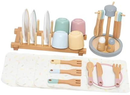 Holzspielzeugteller, Spielgeschirr für Kinder, Montessori-Spielbesteck-Teller-Set