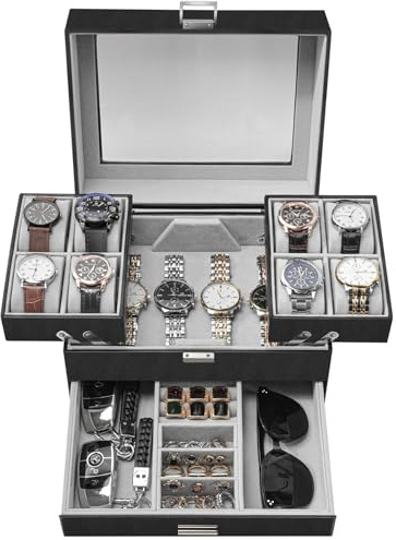 Dajasan Watch Box, Watch Case for Men, 8 Slot Watch Display Case, 3 Layers Large Sunglass Storage Organizer for Watch, Ring, Jewelry, Gift Idea, PU Leather (Black)