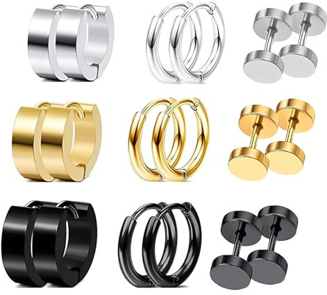 HinDaLi 9 Paires Boucles d'oreilles Acier Inoxydable Boucles d'oreilles Créoles Clous d'oreilles Tunnel Boucles d'oreilles Anneaux Argent Boucles d Oreilles Femme Or Boucles d'oreilles Homme Noir