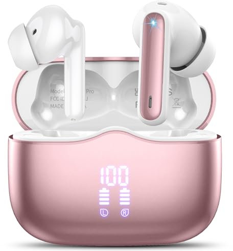 Wireless Earbuds, Bluetooth 5.3 Headphones in Ear with HiFi Stereo Deep Bass, 4 ENC Noise Cancelling Mic Wireless Earphones 40H Playtime, Bluetooth Earbuds Dual LED Display, IP7 Waterproof, Pink
