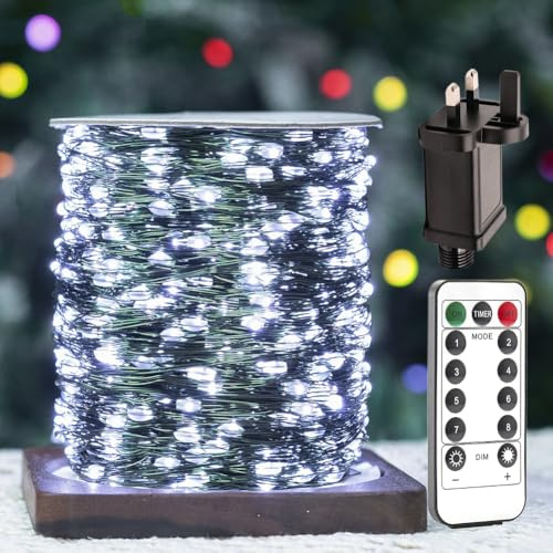 ZELUXDOT 200ft 600LED Fairy Light String Green Copper Wire Cool White, Outdoor/Indoor Waterproof LED Light String with Remote Control 8 Modes for Christmas Tree, Patio, Garden, Backyard