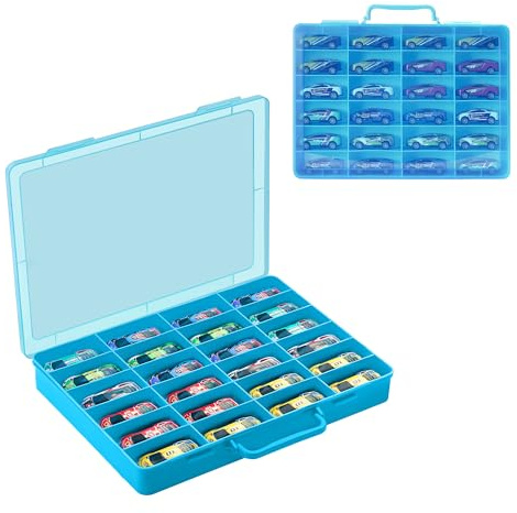 RHCOM Toy Storage Organizer Case for Hot Wheels Car, for Matchbox Cars, for Mini Toys, for Small Dolls. Carrying Box Container Carrier with 24 Compartments.(Box Only) (Blue)