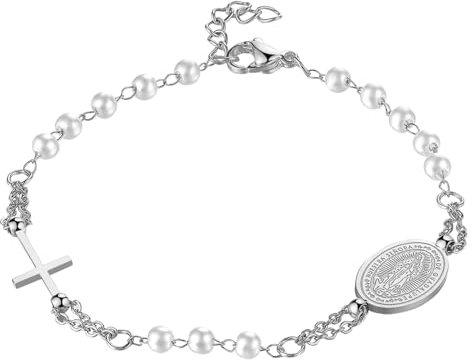 Flongo Katholisches Rosenkranz Armband für Damen : Religiöses Armkette mit Kreuz Anhänger Weiß Silber Perlen Jungfrau Maria Kette Edelstahl Gebet Glaube Schutz Armreif Virgin Mary