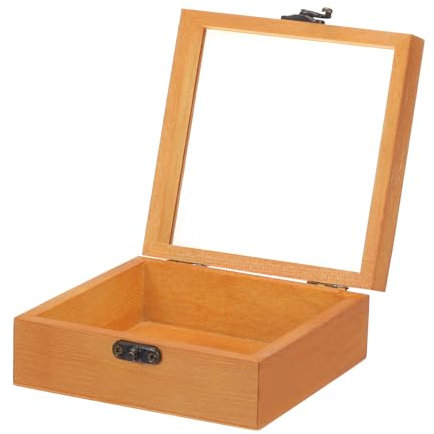 QUARKZMAN Unvollendete Holzvitrine mit Scharnierdeckel, 12 cm x 12 cm x 5 cm Kleine Holzschmuckkiste mit Glasdeckel für DIY-Handwerk, Sammlerstücke, Schmuck, Geschenke und Wohnkultur, Braun