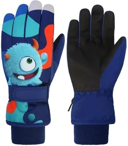 HNGEMSY Handschuhe Kinder Winter Schneehandschuhe Skihandschuhe für 2-13 Jahre Mädchen Jungen PU Palme Wasserdicht Winddichte Warm Fleece Winterhandschuhe (Königsblau-Kleine Kobolde, S)