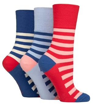 SockShop Gentle Grip Damen Bluemen Gemusterte und gestreifte Baumwolle Socken Multipack 3 Joie Rot/Blau/Flieder