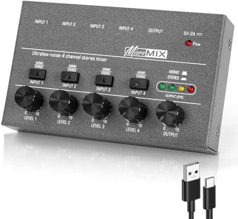 OFFCUP 4 Channel Audio Mixer, Mini 5V Ultra Compact Low-Noise Line Mixer, Metal Karaoke Sound Mixers with Separate Volume Adjustment for Guitar Bass Keyboards Stage Microphone Mixer (Grey)