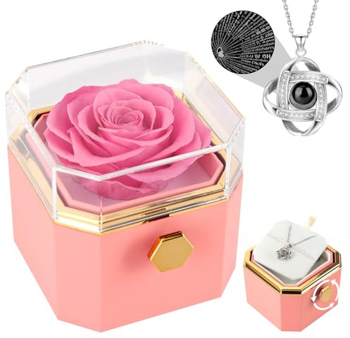 FAYODO Ewige Rose mit Halskette Damen,Drehbare Infinity Rosenbox Geschenke für Frauen,Mama,Oma,Valentinstag, Muttertag,Geburtstage,Hochzeitstag mit Ich Liebe Dich Kette in 100 Sprachen(Rosa)