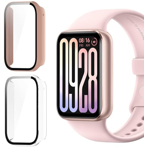 KUSINHOKA 2 Pack Funda para Xiaomi Smart Band 9 Pro, Carcasa Anti-Choque con Cristal Protector de Pantalla, HD Anti-Arañazos Protección Completa Duro PC Protectora Funda, Rosa + Transparente