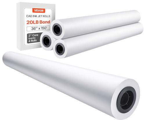 VEVOR Rouleau de papier à dessin blanc, grand format, 915 mm x 45,7 m, lot de 4 rouleaux de papier pour traceur CAO, noyau de 50,8 mm, pour plans d'ingénierie, cartes SIG, conceptions architecturales