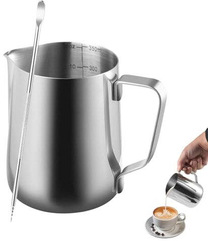 FHISKUNYU Pichet Lait Inox 350ml avec Latte Art Pen - Pot à Lait Inox pour Barista, Barista Outils de Latte Art pour Cappuccino et Espresso