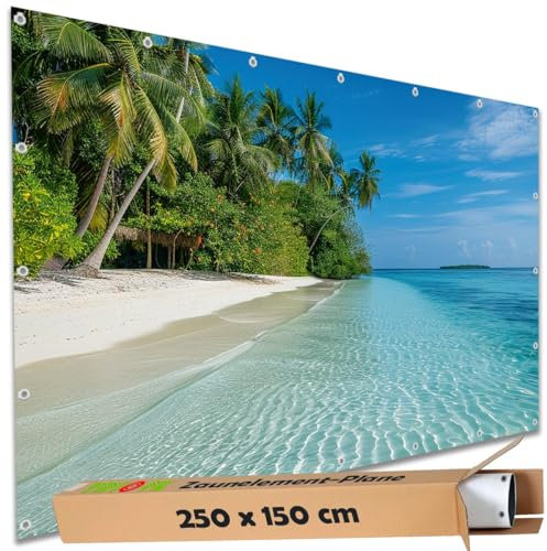 TRIOSK Sichtschutz Garten Deko Zaun Plane Blickdicht groß mit Zaunblende Motiv Malediven Palmen Strand Hütte für Balkon Terrasse Zaunelement Doppelstabmatten Gartenzaun PVC 250x150 cm
