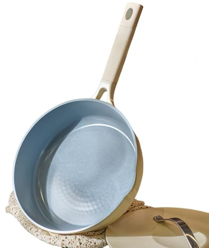 Nonstick Frying Pan with Lid, 26cm Skillets with Pour Spout, PFOA-Free, Compatible with Induction, Gas Oven, Dishwasher Safe, Cookware Cooking Pan for All Cooktops, Ivory White, 26cm