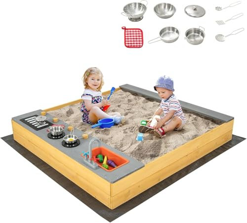FANTASK Sandkasten aus Massivholz, Sandkiste mit 9 Küchenzubehör & Wasserhahn & Waschbecken, Sandbox inkl. Bodenplane