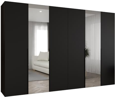 MEBLE KRYSPOL - Kleiderschrank mit Spiegel - Drehtürenschrank - Schrank 300 x 202 x 52 cm - Garderobenschrank Schlafzimmer, Flur, Jugendzimmer - Schwarz, Griff Schwarz - Alicante 2