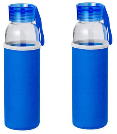 Lot de 2 bidons en verre de 500 ml bleus - Bouteille en verre - Bouteille en verre - Hydratez-vous pendant le sport - Ne change pas le goût de l'eau ou des jus grâce au verre (bleu + bleu, 2)