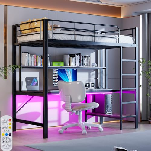 HOXINBLY Letto a Soppalco 90x200 con Presa LED e USB, Letto Singolo con scrivania e scaffali, Letto Bambini 90x200cm con Scala e ringhiere, Nero (Senza Materasso)