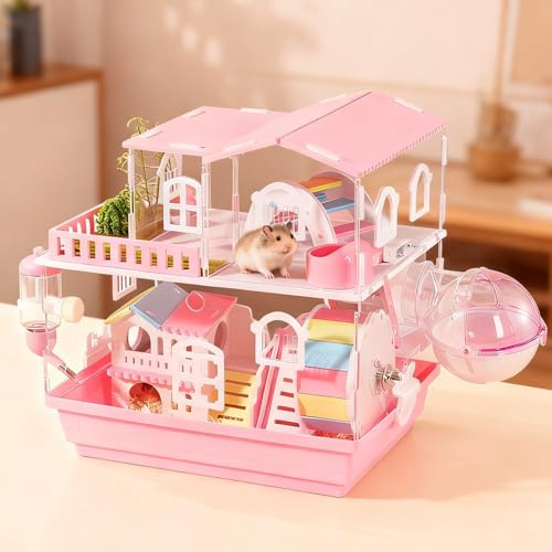 Zweistöckiger Hamsterkäfig aus Acryl, 35 x 26 x 36 cm Hamsterhaus, magnetisches Design Hamstervilla, mit Trinkflasche, Fressnapf, Laufrad, Außenbad und bunter Brücke, herausnehmbarer Boden, rosa