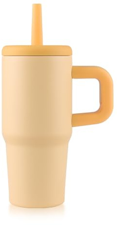 wedrink 14oz Stainless Steel Travel Mug with Handle & Silicone Straw, Double-Wall Insulated Coffee Cup for Home Office Camping, Leak-Proof Lid Included (Yellow)