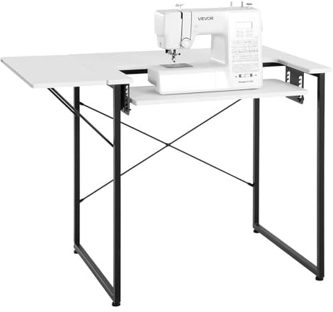 VEVOR Table de Couture, Pieds en Acier, Table pour Machine à Coudre Polyvalente avec Tablette latérale Pliable, étagère réglable, Bureau d'ordinateur pour Maison, Studio, établissement d'enseignement
