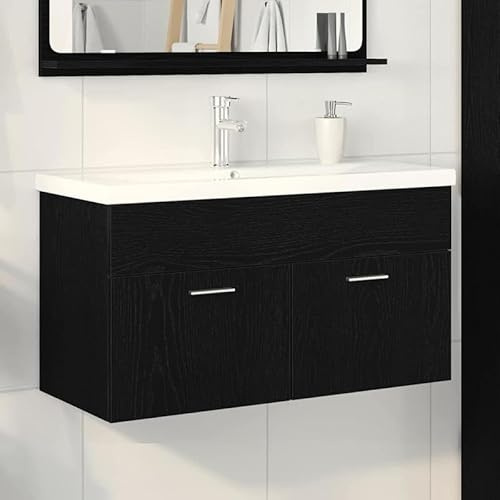 Bladez Spülenschrank mit Tür in Schwarz und Eichen-Optik | 90 x 38,5 x 46 cm | Holzwerkstoff | Stauraum-Lösung für Küche & Bad | Modern & Langlebig