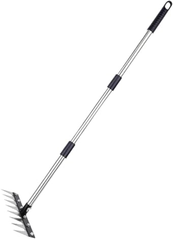 Râteau de scarification - 8 dents - En acier inoxydable - Désherbeur et scarificateur - Outil de démoulage de sol d'extérieur - Pour jardin, pelouse, cour, arrière-cour, extérieur, agriculture, forêt