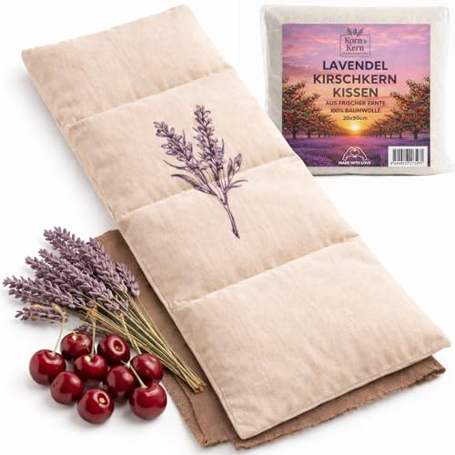 Cuscino termico con noccioli di ciliegia con lavanda grande, adatto al microonde, contro le tensioni su collo, spalle e schiena, noccioli di ciliegia naturali, lavanda secca, 20 x 50 cm