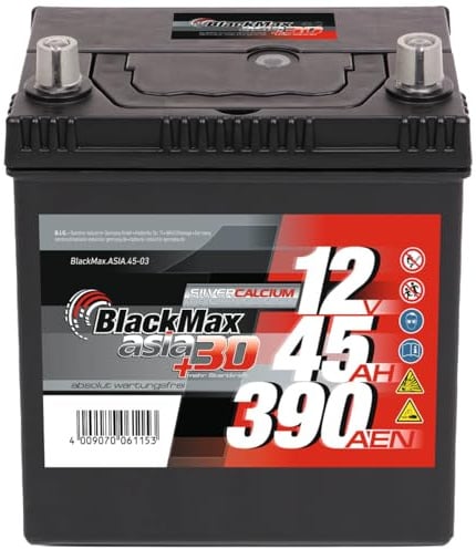 BlackMax ASIA 45-03 Autobatterie 12V 45Ah 390A EN, Asia Starterbatterie, Pluspol rechts, Dünnpol, B00, 187 x 127 x 227 mm, wartungsfrei und direkt einsatzbereit