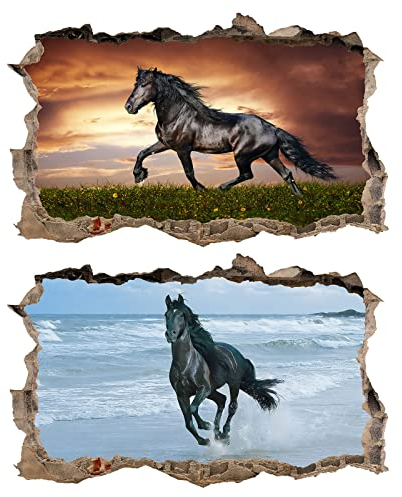 2Pcs Pferd Horse Schwarz Wandtattoo 3D Effekt XXL Wanddurchbruch Fenster Wandaufkleber für Junge Mädchen Kinderzimmer 1000 mm breit x 600 mm tief