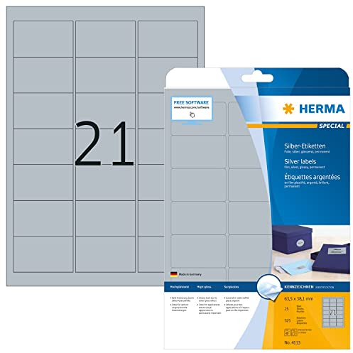 HERMA 4113 Wetterfeste Folienetiketten silber, 25 Blatt, 63,5 x 38,1 mm, 21 pro A4 Bogen, 252 Stück, selbstklebend, bedruckbar, glänzend, blanko Klebeetiketten Aufkleber aus Folie