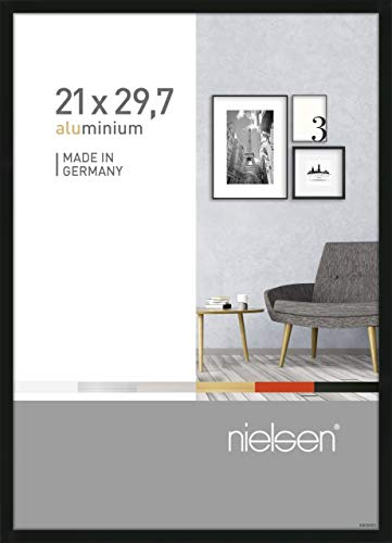 nielsen Bilderrahmen, 21 x 29,7 cm (A4), Aluminium, Schwarz glanz, Dokumentenrahmen zum Aufhängen im Hoch- & Querformat, Echtglas, Pixel