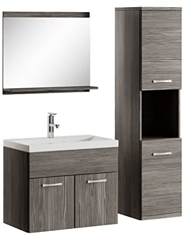 Badplaats B.V. Badezimmer Badmöbel Set Montreal 60cm Waschbecken Grau Eiche - Unterschrank Hochschrank Waschtisch Möbel