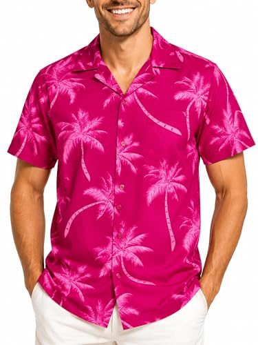 King Kameha Funky-Hawaii-Hemd, Herren, Kurzarm, Palm-Shadow, Magenta-Pink, 5XL