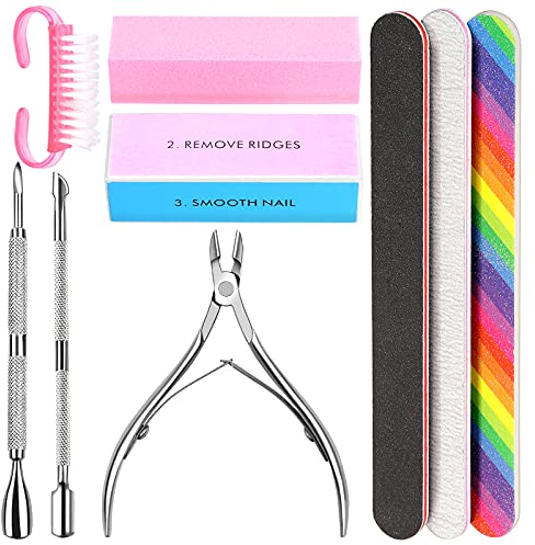 Juego de 3 limas de uñas de doble cara, pulidor de uñas rectangular, esponja pulida, cepillo de uñas, viene con cortador de cutículas y empujador, kit de herramientas de manicura perfecto para uñas