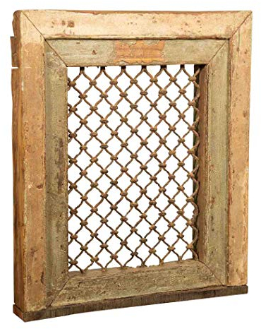 Fenstergitter aus Massivholz und Eisen Antik und Alt Mittelalter mit Rahmen für Innen oder Außen L64 x PR9 x H77 cm