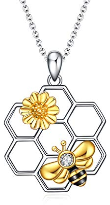 Collier abeille, collier nid d'abeille en argent sterling, collier pendentif abeille géométrique avec tournesol, bijoux cadeaux pour femmes et filles