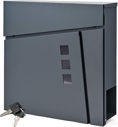 Briefkasten mit Zeitungsfach und 3 Sichtfenster, 2X Schlüssel, 37 x 37 x 11 cm, Designer Wandbriefkasten Zeitungsrolle Modern, Namensschild, Anthrazit Personalisierter Postkasten SN3681-1