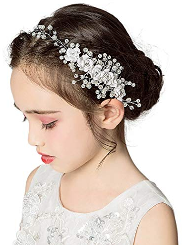 IYOU Prinzessinnenkristall-Kopfschmuck, weiße Blume, Kommunion, Haarschmuck für Blumenmädchen und Brautjungfer