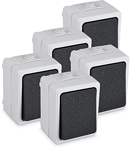 HEITECH Aufputzschalter für Feuchtraum IP54 - Neues Modell - 5x 1fach Aufputz Schalter AP - Wechselschalter 250V 10A