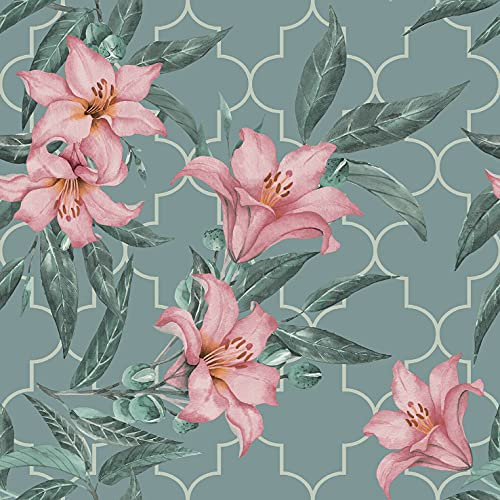 Exclusive Lilies Floral Soft Teal Pink Botanical Floral Wallpaper (AL1062 - Verdian Green)