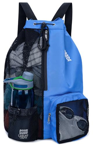 WANDF Swim Bag Mesh Drawstring Backpack with Wet Pocket for Swimming, Gym, and Workout Gear (Navy Blue)
