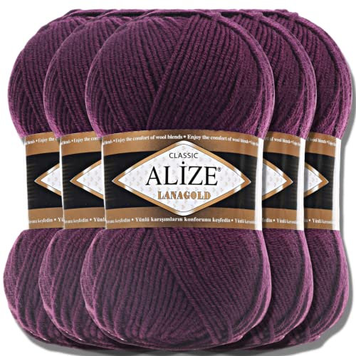 Alize 5 x 100g Lanagold Classic Türkische Premium Wolle Baumwolle und Acryl Uni Handstrickgarne | Yarn | Garn | Strickgarn Einfarbig Baby zum Häkeln Stricken Kleidung Schals (Plum | 111)